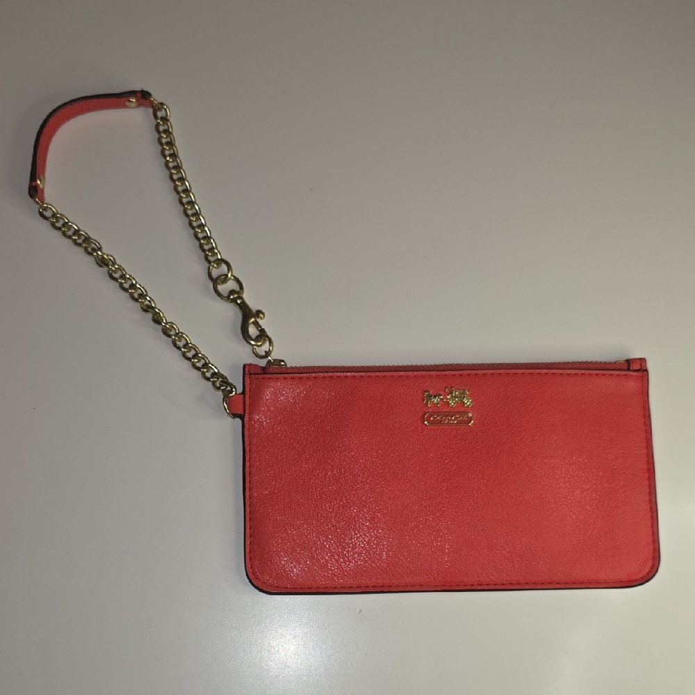 Coach Coral Leather Wristlet with Gold Chain